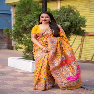 VASTRA COTTAGE Premium Kashmiri Weaving Saree with Multicolor <b>Thread</b> Work and Pure Zari Weaving Elegant Traditional Saree - Product Image 5