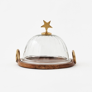 Modern Wooden Round Cake Stand with <b>Glass</b> <b>Dome</b> Casted Handle Handmade & Eco Friendly Design for Home Kitchen & Hotel Use - Product Image 1