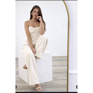 Mybeefashion Women's White Strapless Crop Top and Wide Leg Pants Two-Piece Set - Casual Summer Cotton <b>Blend</b> Outfit - Product Image 2