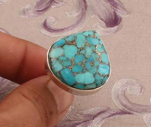<b>Blue</b> Copper Turquoise Ring Classic Style Sterling Silver Bohemian Statement Ring for Women - Product Image 4