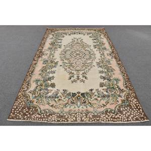 พรมตุรกีโบราณสีเบจสีน้ำตาลขนาด5.5x9.3ฟุตงานเย็บปะขนสัตว์สำหรับห้องโถงห้องนอนห้องนอนน้ำยางสำหรับห้องข้างเตียง - Product Image 1