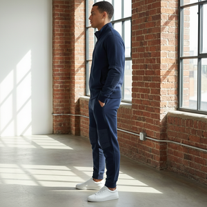 Conjunto Deportivo Personalizado para Hombre, Azul Medianoche, Algodón Grueso Ripstop, Lavado Ácido, Parches Sólidos, Diseño de Rodilla Articulada, Estilo Utilitario - Product Image 5