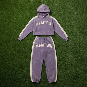 Conjunto de Sudadera con Capucha y Pantalones Deportivos para Mujer, Personalizado, Color Morado con Paneles en Contraste, Felpa de Algodón, Lavado Ácido, Ropa Deportiva Urbana, Venta al Por Mayor OEM - Product Image 6