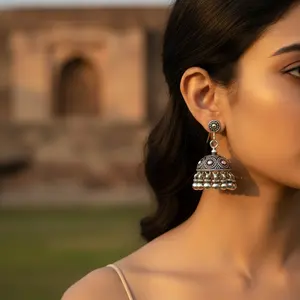 Boucles d'oreilles pendantes Jhumka en argent 925 avec placage or, bijoux indiens traditionnels pour femmes, pierre principale en perle, cadeau - Product Image 1