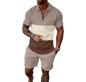 Men Summer Track Suits 2 Piece <b>Shorts</b> Sets <b>Short</b> Sleeve Sweatsuit Outfits 1/4 <b>Zip</b> Golf Polo Splicing Striped Shirts - Product Image 2