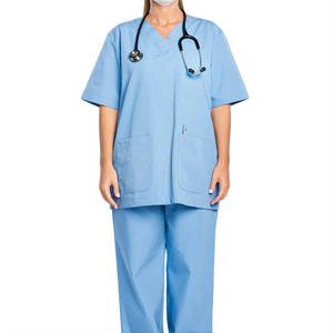 Ensemble de gommages multi-poches à col en V chemise médicale en tissu de toile et pantalon de survêtement pour médecins et infirmières vêtements de chirurgie à l'hôpital - Product Image 1