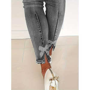 กางเกงยีนส์สกินนี่สีน้ำเงินสำหรับผู้หญิง ผ้าเดนิมยืดหยุ่นสูง ตกแต่งมุกเทียม ทรงเข้ารูป ดีไซน์ผ่าข้าง เอวสูง ระบายอากาศได้ดี - Product Image 3