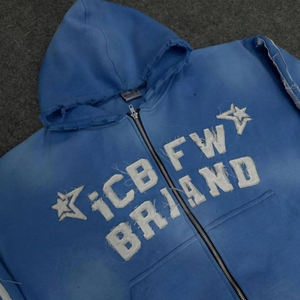 Custom Winter Lightweight Cotton Tracksuit Custom Applique Embroidered Patch Men Casual Distressed Washed Zip Rhinestone Hooded - Product Image 2