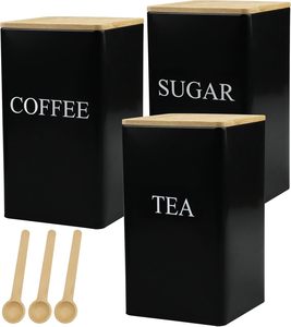 Lot de 3 bocaux de cuisine en métal avec couvercle en bois au design moderne avec cuillère Contenant à condiments pour le stockage de boîtes à café, sucre et thé - Product Image 4