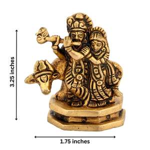 Shubham 7 CM Laiton Radha Krishna avec Statue de Vache Jaune Finition Antique 200 Grammes Élégant Laiton Métal Artisanat Murti - Product Image 3