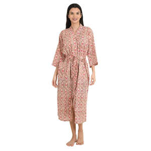 Bata de Casa Ligera de Algodón Estilo Boho-Kimono con Estampado Floral Indio Hecho a Mano, Traje de Baño Tipo Pareo - Product Image 1