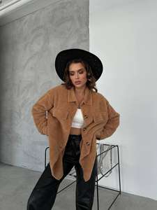 Lâche décontracté revers en peluche veste agneau polaire simple à manches longues poitrine femmes longue chemise automne hiver marron - Product Image 2