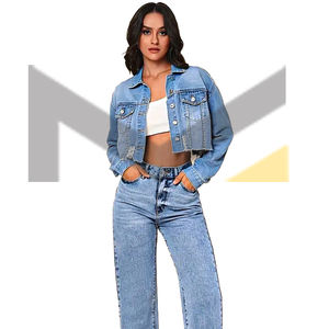 100% algodón dobladillo deshilachado chaqueta de mezclilla corta y pantalón bolsillos con solapa botón solapa chaqueta de mezclilla y pantalón ropa de mezclilla para mujer - Product Image 1