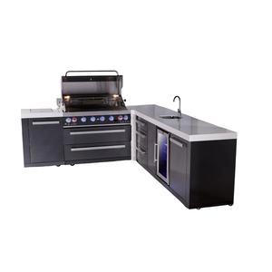 Îlot de cuisine extérieur modulaire en acier inoxydable noir de qualité supérieure en forme de L avec réfrigérateur + 6 brûleurs de 44 pouces de large + LIVRAISON GRATUITE - Product Image 1
