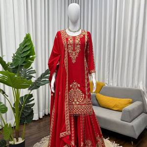 Heavy Faux Georgette listo para usar completamente cosido pesado bordado secuencia trabajo Kurti Gharara Sharara Dupatta conjunto para mujeres - Product Image 1