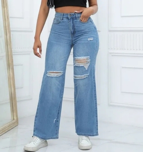 Pantalons déchirés à la mode pour femmes Effet singe avec moustaches Jeans droits décontractés - Product Image 1