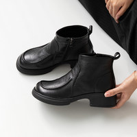 [JSHOE] Sepatu Bot Wanita Kulit Sapi Asli Berlapis Bulu Jahitan Tumit Rendah 4.5cm Sepatu Nyaman Musim Dingin