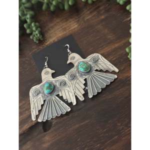 Pendientes Colgantes Hechos a Mano por Artesanos Navajo, Oro Sonora y Plata de Ley, Diseño de Alas de Pájaro del Trueno con Turquesa, para Regalo - Product Image 4