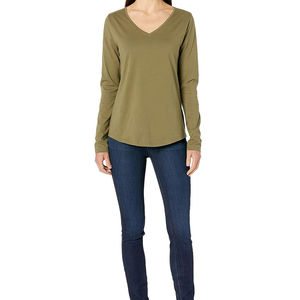 Camisetas Casuales de Manga Larga para Mujer, Cuello en V, 100% Algodón, Ecológicas, Antiarrugas, con Logotipo Personalizado, Ropa Deportiva - Product Image 4