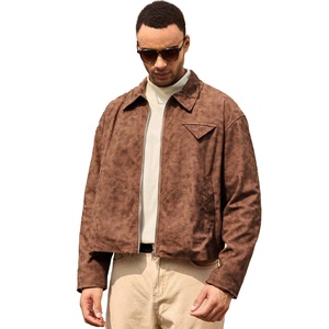 Top Winter Collection Custom <b>Men's</b> Vintage Sheep Skin <b>Suede</b> <b>Jacket</b> Brown Full Zip Casual Windproof Eco-Friendly Outerwear - Product Image 1