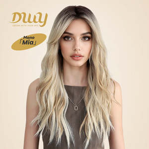 Mia-DWY Long Curly Synthetic <b>Wig</b> Transparent Lace Front Free Part Rooted Blonde Color - Product Image 1