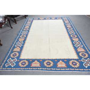 Alfombra Turca Vintage, Alfombra de 6.8x9.2 pies, Alfombra Floral Azul y Blanca - Product Image 1