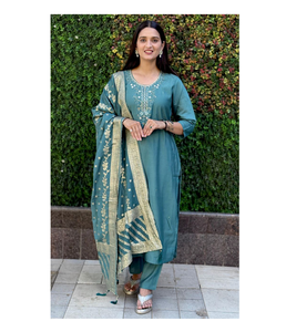 Robe de costume Salwar en coton pour femmes avec broderie, tenue de travail 3 pièces - Product Image 1