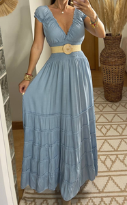 Robe longue élégante Boho Chic à manches évasées et col en V smockée à taille naturelle pour femmes 100% coton écologique - Product Image 3