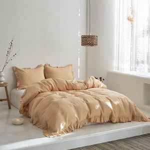 100% Cotton Duvet Cover <b>Set</b> 3 PCS Natural French Flax Sand Ruffle <b>Comforter</b> Cover Solid Breathable Bedding for Hotel for Home - Product Image 1