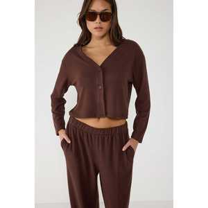 Casual Brown V-Neck <b>Cardigan</b> with Embroidered Button Detail Crocheted Wool <b>Short</b> and Long Jacquard Printed <b>Crop</b> Style - Product Image 4