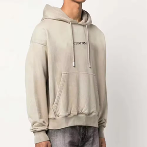 Sudadera con cordón unisex beige personalizada Logo en relieve hombro caído Sudadera con capucha de peso pesado de gran tamaño para hombres - Product Image 1