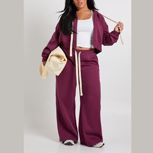 Conjunto de 2 Piezas de Sudadera Corta con Cremallera y Pantalones Acampanados de Encaje Bordado Sólido para Mujer, 100% Algodón, Logotipo Personalizado, Chándales - Product Image 6