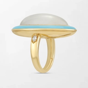 Serene <b>Moonstone</b> Enamel <b>Ring</b> With 2 Oval Cut Lab Grown Diamonds 0.08 Carat EF-VVS In 18K Yellow Gold Festive Gifting Occasion - Product Image 2