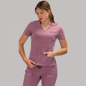Ensemble de tenue médicale pour femmes avec surpiqûres contrastées, col en V, haut et pantalon extensibles, uniforme de soins de santé multi-poches, vêtements de travail pour infirmières - Product Image 2