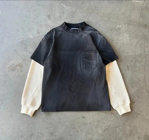 T-shirt surdimensionné en coton tricoté gaufré pour hommes, lavé à l'acide, délavé au soleil, T-shirt à manches longues double épaisseur - Product Image 5