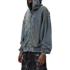 Sudadera con capucha lavada con ácido personalizada al por mayor y sudadera acampanada con diamantes de imitación y cremallera de algodón pesado conjunto de Sudadera con capucha y grafiti de barro vintage desteñido al sol - Product Image 3