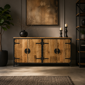 Meuble de salon en bois massif industriel, cadre métallique, portes shaker, 2 tiroirs, 3 étagères, garantie 5 ans, mobilier d'intérieur antique - Product Image 1