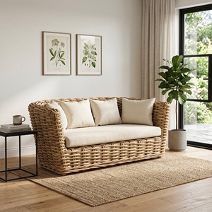Sofá Surabaya con Estructura de Madera de Caoba, Media Superficie de Ratán Pulido, Cojines Color Crema Dhapnie, Cama de Día, Muebles de Exterior Premium para Patio - Product Image 3