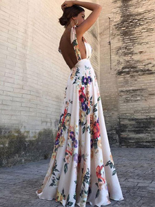 Elegante Vestido Maxi de Gasa con Estampado Floral, Cuello en V, Sin Mangas, Corte en A, Largo hasta el Suelo, Vestido Formal de Noche, Estilo Romántico - Product Image 3