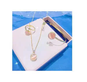 Unique 3PCS/Set Iced Out Moonlight Stone Finger Rings Women Luxury Rotatable Sparkling Opal Pendant Necklace Bracelet Earrings