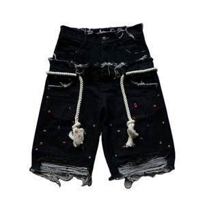 กางเกงยีนส์ขาสั้น OEM 2026 พิมพ์ลายคริสตัลแบบกำหนดเอง กางเกงยีนส์ทรงหลวมสไตล์วินเทจ เอวสองชั้น ระบายอากาศได้ดี ปักลาย กางเกงคาร์โก้สำหรับผู้ชาย - Product Image 1