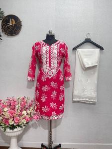 Qualité indienne d'exportation bon prix conception à feuilles persistantes lourd Georgette point de chaîne travail haut et palazzo avec Dupatta entièrement cousu - Product Image 3