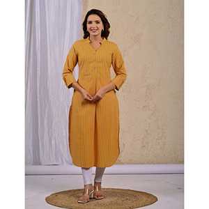 Kurti Casual con Rayas Amarillas Estampadas, Talla XS, Largo hasta la Rodilla, Decoración de Diamantes, Transpirable, Natural, para Mujer de Oficina, Estilo Chino - Product Image 3