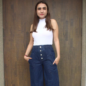 กางเกงยีนส์ผ้าเดนิมแต่งได้สำหรับผู้หญิง, กางเกงยีนส์ทรงตรงขากระบอกทรงหลวมมีกระดุมสี่เม็ดสำหรับงานปาร์ตี้เซ็กซี่ย้อมสีธรรมดาเอวโลโก้ - Product Image 1