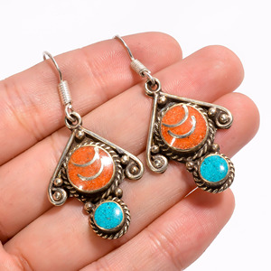 Boucle d'oreille en pierre précieuse de lapis de corail turquoise naturel, bijoux tibétains faits à la main en argent, fournisseur de bijoux en argent antique - Product Image 1