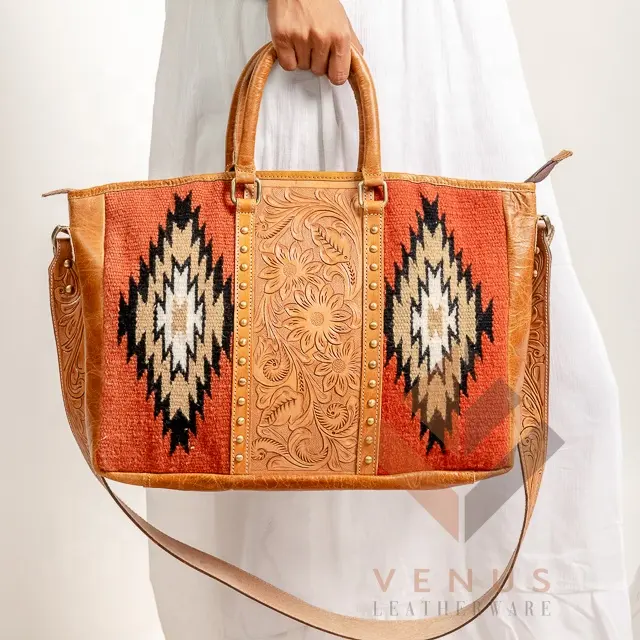 Aztec Hair On Leather Shoulder Bag Southwest Cowhide Leather & Canvas Handbag Tote Bag Western Bag Purse