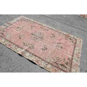 Vintage Turkish Rug 5.3 X 8.8ft <b>Pink</b> Beige <b>Wool</b> with Abstract Pattern Tabriz Style for Entryway or Hallway 9x12 Rectangle - Product Image 2