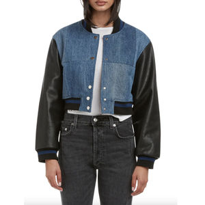 Best Style <b>Denim</b> <b>Material</b> Made Women Crop Varsity Jacket Leather Sleeve Crop Varsity Jacket for Women OEM Serviced Custom - Product Image 1