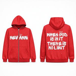 Sudadera con capucha unisex personalizada de invierno con cremallera completa, 100% algodón, con pedrería y bordado desgastado frontal, transpirable y ecológica. - Product Image 1