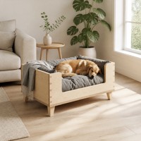 Erhöhtes Hundebett aus Massivholz mit Grauem Kissen, Erhöhte Hundehütte für Mittelgroße und Große Hunde, Modernes Wohnzimmermöbel